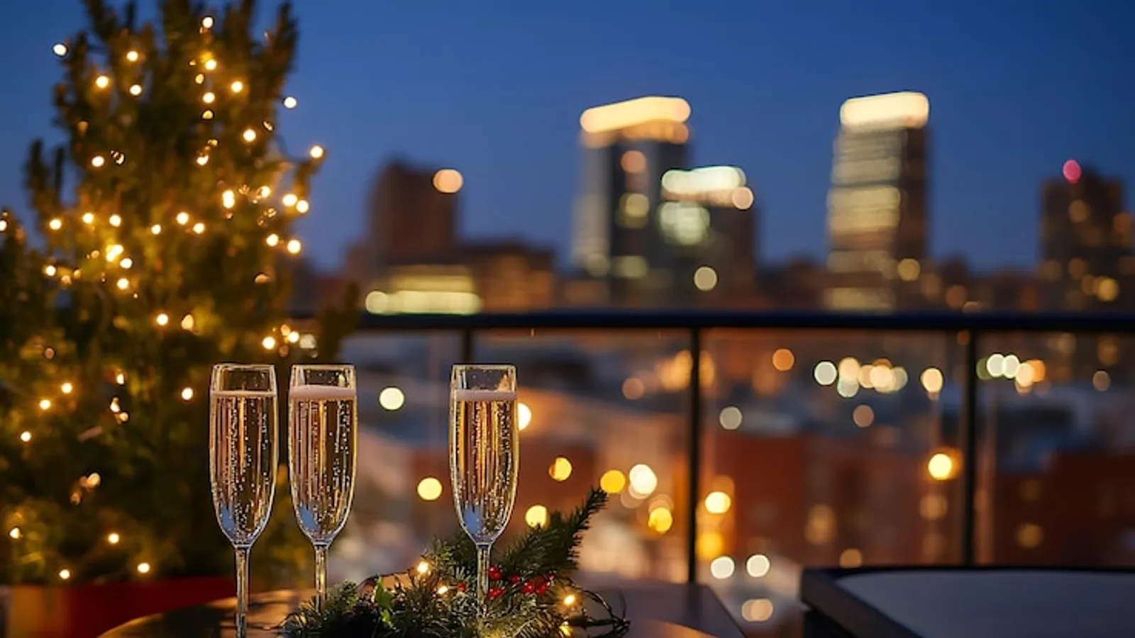 Festlich gedeckter Tisch für zwei mit Champagnergläsern bei Kerzenlicht